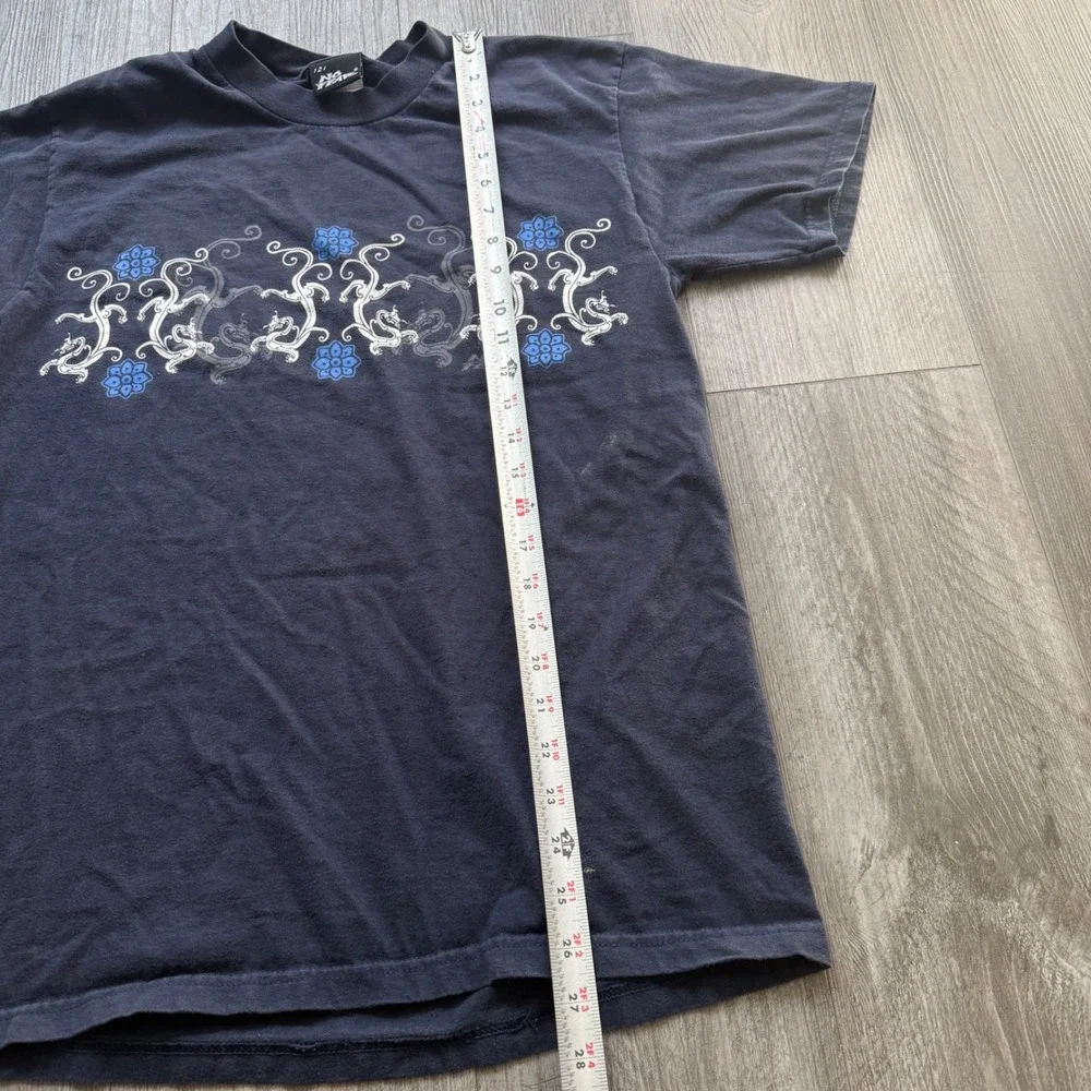 No Fear Mens M Navy Tribal Dragon Floral Graphic Tee Y2K Double Sided Shirt